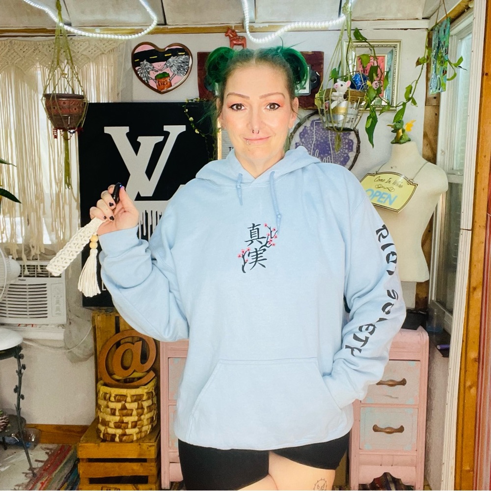 Riot Society Blue Cherry Blossom Cozy Sweater  with Graphic Design Size Large